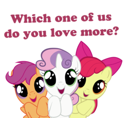 Size: 4742x4455 | Tagged: safe, edit, editor:pika-robo, apple bloom, scootaloo, sweetie belle, earth pony, pegasus, pony, unicorn, g4, absurd resolution, bronybait, cute, cutie mark crusaders, female, love, simple background, talking to viewer, transparent background