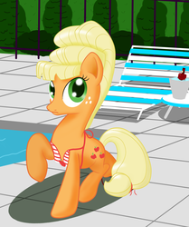 Size: 2000x2394 | Tagged: safe, artist:midwestbrony, applejack, earth pony, pony, g4, alternate hairstyle, bikini, clothes, female, high res, orangejack, raised hoof, solo, swimming pool, swimsuit