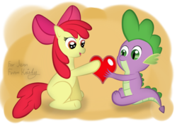 Size: 800x560 | Tagged: safe, artist:kika1057, apple bloom, spike, g4, female, heart, interspecies, male, ship:spikebloom, shipping, straight