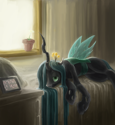 Size: 1000x1080 | Tagged: safe, artist:ifoldbooks, queen chrysalis, changeling, changeling queen, g4, alarm clock, beautiful, bed, clock, crown, dresser, female, jewelry, morning ponies, potted plant, regalia, solo, window