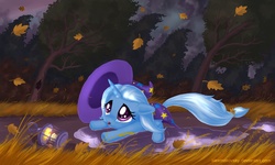 Size: 2000x1200 | Tagged: safe, artist:alexmakovsky, trixie, pony, unicorn, g4, candle, crying, cute, diatrixes, female, filly, filly trixie, lantern, leaves, mare, solo, wind, younger