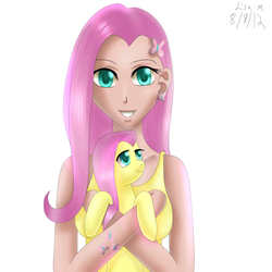 Size: 3000x3000 | Tagged: safe, artist:shadowpaint-lisam, fluttershy, human, pony, g4, duo, high res, human ponidox, humanized