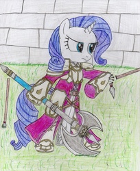 Size: 2528x3104 | Tagged: safe, artist:theculturewarrior, rarity, pony, g4, armor, armorarity, axe, bipedal, crossover, fire emblem, high res, solo, spear