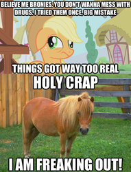 Size: 625x819 | Tagged: safe, applejack, earth pony, horse, pony, applebuck season, g4, season 1, derp, drugs, family guy, female, image macro, irl, male, mare, parody, photo, real pony