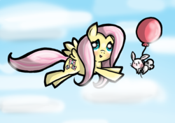 Size: 2222x1566 | Tagged: safe, artist:sweetscribblez, angel bunny, fluttershy, g4, balloon, flying