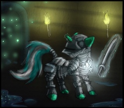 Size: 1000x866 | Tagged: dead source, safe, artist:dreigun, lyra heartstrings, pony, unicorn, g4, armor, demon's souls, magic, magic aura, solo, sword, telekinesis, weapon