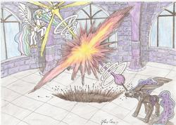 Size: 2336x1664 | Tagged: safe, artist:stardustchild01, nightmare moon, princess celestia, alicorn, pony, g4, beam struggle, butt, explosion, female, fight, mare, plot, traditional art