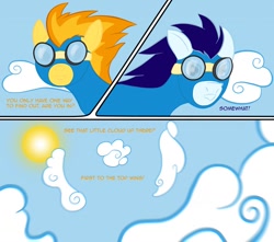 Size: 1280x1131 | Tagged: safe, artist:taharon, soarin', spitfire, pegasus, pony, comic:the wonderbolts, g4, clothes, cloud, comic, sky, uniform, wonderbolts, wonderbolts uniform