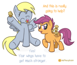 Size: 1895x1585 | Tagged: safe, artist:muffinexplosion, derpy hooves, scootaloo, pegasus, pony, g4, duo, female, flying lesson, mare