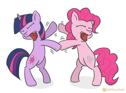 Size: 992x736 | Tagged: safe, artist:muffinexplosion, pinkie pie, twilight sparkle, pony, g4, bipedal, duo, eyes closed, hoofy-kicks, open mouth, sissy slap fight, tongue out