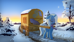 Size: 1920x1080 | Tagged: safe, artist:gign-3208, trixie, pony, g4, clothes, crescent moon, eyes closed, female, floppy ears, moon, scarf, sky, snow, solo, sunrise, trixie's wagon, wagon, winter