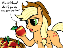 Size: 900x675 | Tagged: safe, artist:aa, applejack, earth pony, pony, g4, apple, applebucking, female, food, mare, napples, odin sphere, simple background, solo, transparent background