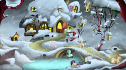 Size: 3492x1960 | Tagged: safe, artist:hewison, apple bloom, applejack, dinky hooves, fleur-de-lis, fluttershy, lyra heartstrings, pinkie pie, prince blueblood, twilight sparkle, twist, g4, fluttershy's cottage, snow, snowfall