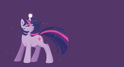 Size: 1334x733 | Tagged: safe, artist:zombiethegreat, twilight sparkle, pony, unicorn, g4, eyes closed, female, glowing horn, horn, mare, purple background, simple background, solo, unicorn twilight