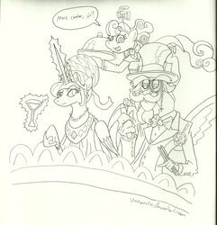 Size: 850x882 | Tagged: safe, artist:unoservix, discord, princess celestia, screwball, g4, classy, clothes, date, dress, glass, hat, magic, monochrome, monocle, moustache, opera, propeller hat, suit, swag, swirly eyes, waitress