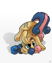 Size: 2625x3150 | Tagged: safe, artist:docwario, bon bon, sweetie drops, earth pony, pony, g4, adorabon, bon bon is amused, contortionist, cute, female, flexible, frontbend, high res, hooves, mare, on back, open mouth, smiling, solo, underhoof, upside down