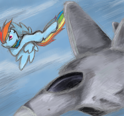 Size: 2124x1985 | Tagged: safe, artist:hewison, rainbow dash, pegasus, pony, g4, awesome, f-22 raptor, female, flying, jet, jet fighter, lockheed corporation, mare, plane, solo, wings