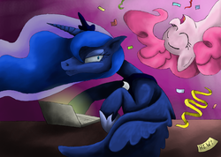 Size: 986x701 | Tagged: safe, artist:hewison, pinkie pie, princess luna, pony, g4, computer, duo