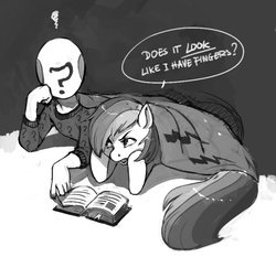 Size: 766x714 | Tagged: safe, artist:kevinsano, rainbow dash, oc, oc:anon, pegasus, pony, g4, anon is not amused, blanket, book, clothes, demanding, duo, grayscale, hand, monochrome, pajamas, reading, sleepover, unamused