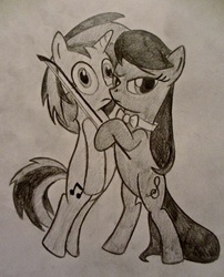 Size: 3000x3705 | Tagged: safe, artist:likethewind9, dj pon-3, octavia melody, vinyl scratch, g4, female, high res, lesbian, monochrome, ship:scratchtavia, shipping, traditional art