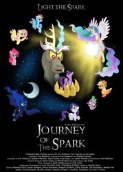 Size: 1000x1400 | Tagged: safe, artist:fimsparkmovie, applejack, discord, fluttershy, pinkie pie, princess celestia, princess luna, rainbow dash, rarity, spike, twilight sparkle, alicorn, draconequus, dragon, earth pony, pegasus, pony, unicorn, journey of the spark, g4, female, flying, looking down, male, mare, moon, movie poster, sun, unicorn twilight