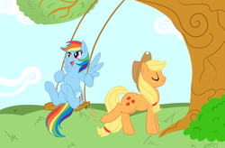 Size: 1649x1085 | Tagged: safe, artist:zombiethegreat, applejack, rainbow dash, earth pony, pegasus, pony, g4, duo, swing, tree