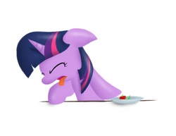 Size: 3300x2550 | Tagged: safe, artist:nowego, twilight sparkle, pony, unicorn, g4, disgusted, eyes closed, female, filly, filly twilight sparkle, floppy ears, food, frown, high res, open mouth, solo, tomato, tongue out, unicorn twilight, younger