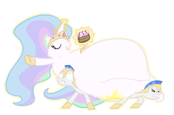 Size: 1992x1324 | Tagged: safe, artist:boot, princess celestia, alicorn, pony, g4, cake, cakelestia, carrying, chubbylestia, crushing, fat, food, huge belly, morbidly obese, obese, royal guard