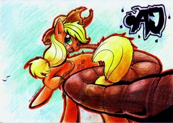 Size: 3504x2476 | Tagged: safe, artist:avihooves, applejack, earth pony, pony, g4, cowboy hat, female, hat, high res, mouth hold, rope, solo, stetson, traditional art