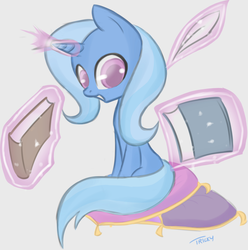 Size: 1246x1256 | Tagged: safe, artist:quitetricky, trixie, pony, unicorn, g4, book, female, happy, magic, mare, pillow, quill, solo