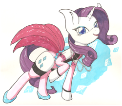 Size: 1908x1664 | Tagged: safe, artist:goomzz, rarity, pony, unicorn, g4, abstract background, clothes, female, jewelry, looking at you, mare, necklace, shoes, showgirl, showgirl outfit, solo, stockings, traditional art