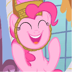 Size: 666x666 | Tagged: safe, screencap, pinkie pie, earth pony, pony, g4, party of one, afterbirth day, animated, basket, basket hat, clapping, female, happy, hat, invitation