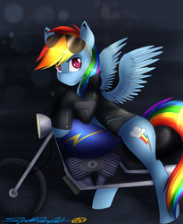 Size: 2784x3389 | Tagged: dead source, safe, artist:spittfireart, rainbow dash, pegasus, pony, g4, clothes, female, high res, jacket, leather jacket, motorcycle, solo, sunglasses