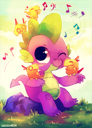Size: 664x915 | Tagged: dead source, safe, artist:suikuzu, peewee, spike, dragon, phoenix, g4, baby, baby dragon, cute, male, music notes, nuzzling, peeweebetes, rubbing, sitting, smiling, spikabetes, spikelove, squishy, squishy cheeks, waving, wink