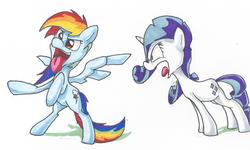 Size: 1822x1093 | Tagged: safe, artist:matugi, rainbow dash, rarity, g4, tongue out, traditional art