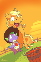 Size: 768x1152 | Tagged: safe, artist:machu, applejack, spike, g4, female, male, ship:applespike, shipping, straight