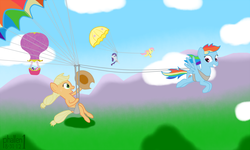 Size: 1260x756 | Tagged: safe, artist:phallen1, applejack, fluttershy, pinkie pie, rainbow dash, rarity, twilight sparkle, g4, flying, hot air balloon, parasailing, twinkling balloon