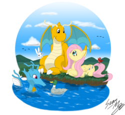 Size: 2762x2552 | Tagged: safe, artist:blood-asp0123, fluttershy, dragonite, kingdra, g4, crossover, high res, pokémon