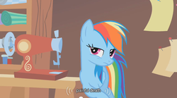 Size: 640x355 | Tagged: safe, screencap, rainbow dash, pegasus, pony, g4, suited for success, leaning, paper, pin, sewing machine, solo, youtube caption