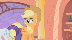 Size: 640x355 | Tagged: safe, edit, edited screencap, screencap, applejack, rarity, earth pony, pony, g4, look before you sleep, caption, dat ass, female, golden oaks library, meme, out of context, overcast, text, youtube caption