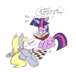 Size: 573x541 | Tagged: safe, artist:chien, derpy hooves, twilight sparkle, pegasus, pony, g4, boop, butt, chess, female, floppy ears, magic, mare, on side, pixiv, plot, reading, sitting, spread wings, sweat, telekinesis