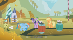 Size: 640x355 | Tagged: safe, screencap, applejack, rainbow dash, spike, twilight sparkle, g4, youtube caption