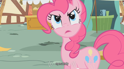 Size: 640x355 | Tagged: safe, screencap, pinkie pie, earth pony, pony, g4, griffon the brush off, angry, solo, youtube caption