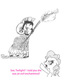 Size: 1536x1912 | Tagged: safe, artist:catscratchpaper, pinkie pie, zecora, zebra, g4, crossover, monty python, monty python and the holy grail, tim the enchanter