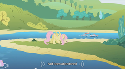 Size: 640x355 | Tagged: safe, screencap, fluttershy, fish, pegasus, pony, g4, griffon the brush off, butt, mountain, plot, river, solo, tree, water, youtube caption