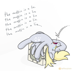 Size: 1467x1424 | Tagged: safe, artist:muffinexplosion, derpy hooves, pegasus, pony, g4, companion cube, crossover, female, mare, portal (valve), the cake is a lie