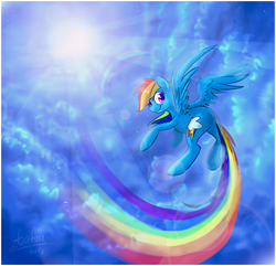 Size: 692x667 | Tagged: safe, artist:taffytale, rainbow dash, pony, g4, cloud, cloudy, female, flying, solo