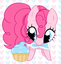 Size: 1362x1421 | Tagged: safe, artist:steffy-beff, pinkie pie, earth pony, pony, g4, cupcake, cute, diapinkes, female, food, frosting, heart, heart background, mare, mouth hold, solo