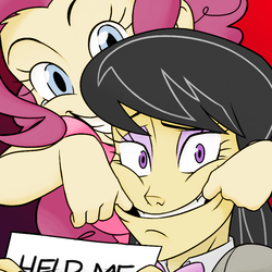 Size: 800x800 | Tagged: safe, artist:redge, artist:thelivingmachine02, octavia melody, pinkie pie, human, g4, crazy face, duo, faic, female, forced smile, help me, humanized, insanity, sign, smiling, the killing joke