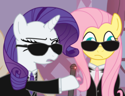 Size: 505x390 | Tagged: safe, artist:sefling, fluttershy, rarity, pegasus, pony, unicorn, g4, clothes, duo, duo female, female, mare, men in black, parody, sunglasses